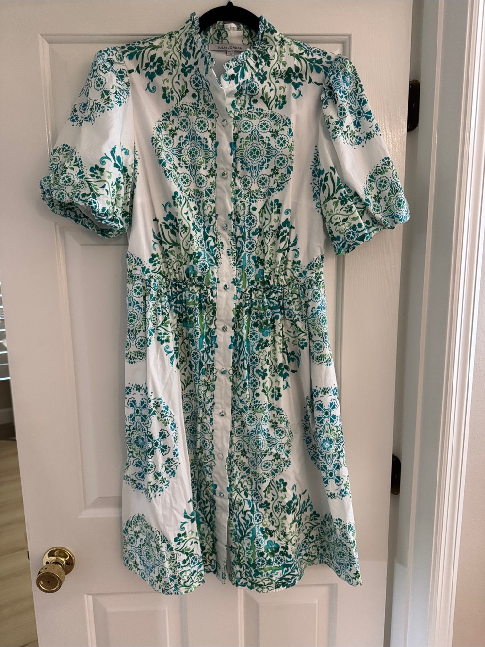 Lilia Jordan White and Teal Printed Button-Front Women's Dress